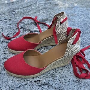 J. Crew Factory Red And Tan Wedge Lace Up Sandals New Without Box Sz 9